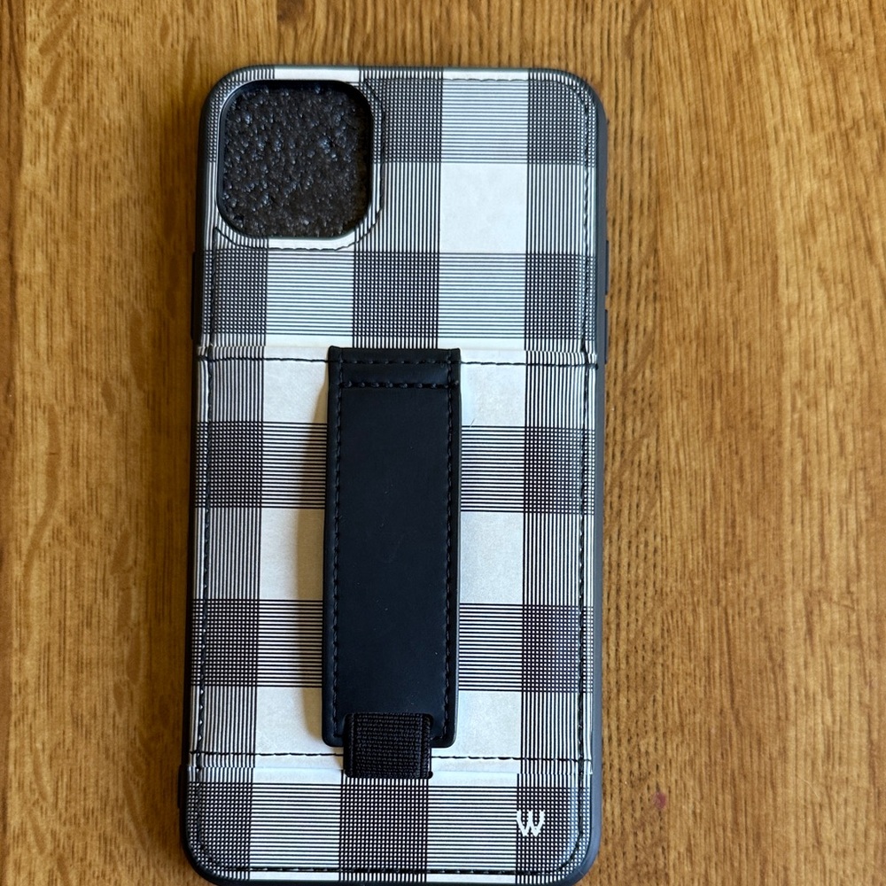 Stylish Black and White Checkered Phone Case with Stand and Card Holder.